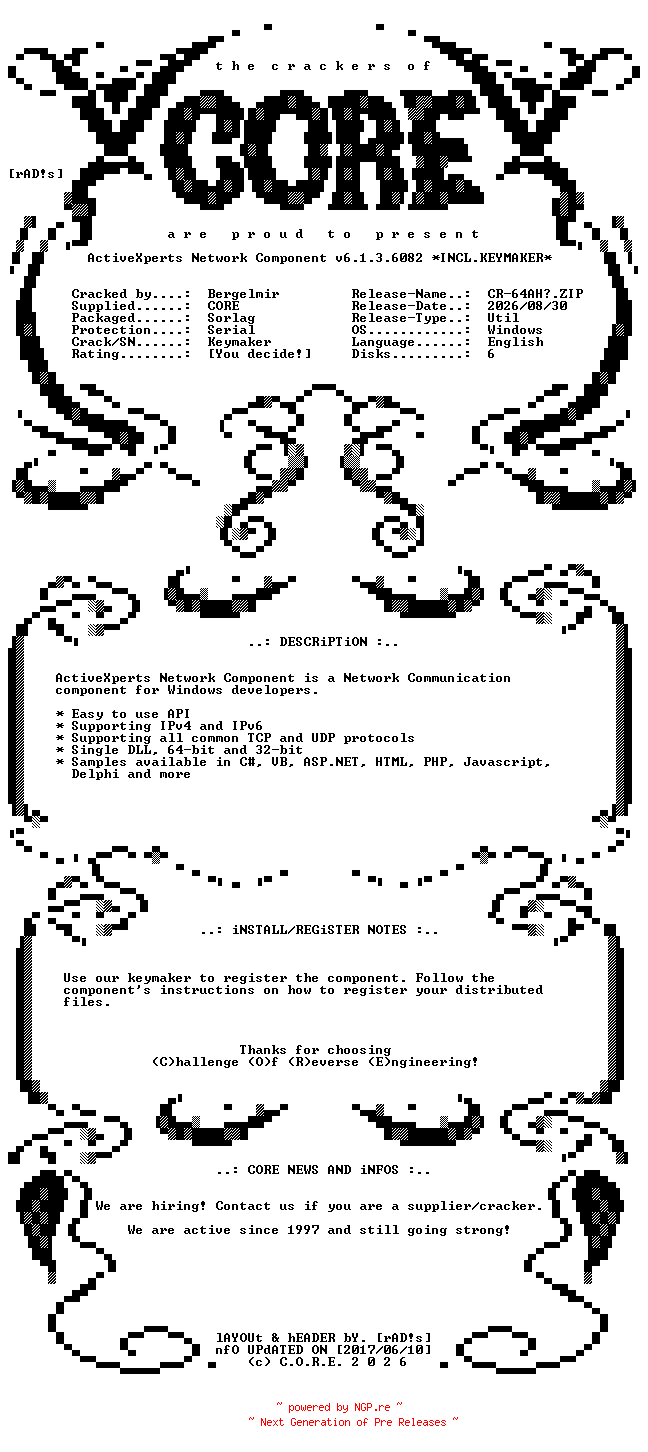 NFO for the release ActiveXperts.Network.Component.v6.1.3.6082.Incl.Keymaker-CORE by CORE