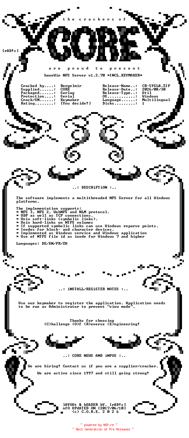 NFO for the release HaneWin.NFS.Server.v1.2.70.Multilingual.Incl.Keymaker-CORE by CORE