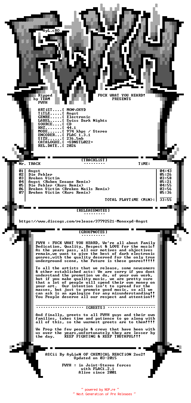 NFO for the release MONOXYD-Angst-Limited_Edition-CD-FLAC-2026-FWYH by FWYH
