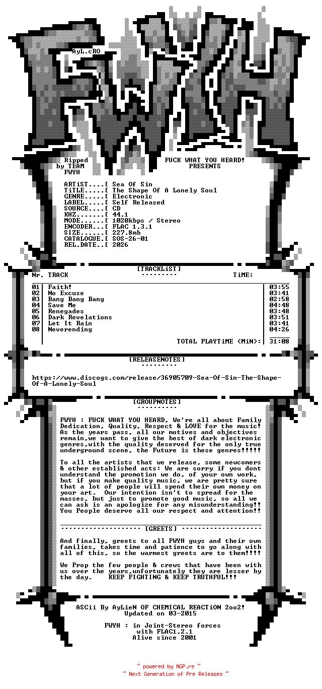 NFO for the release Sea_Of_Sin-The_Shape_Of_A_Lonely_Soul-CDEP-FLAC-2026-FWYH by FWYH
