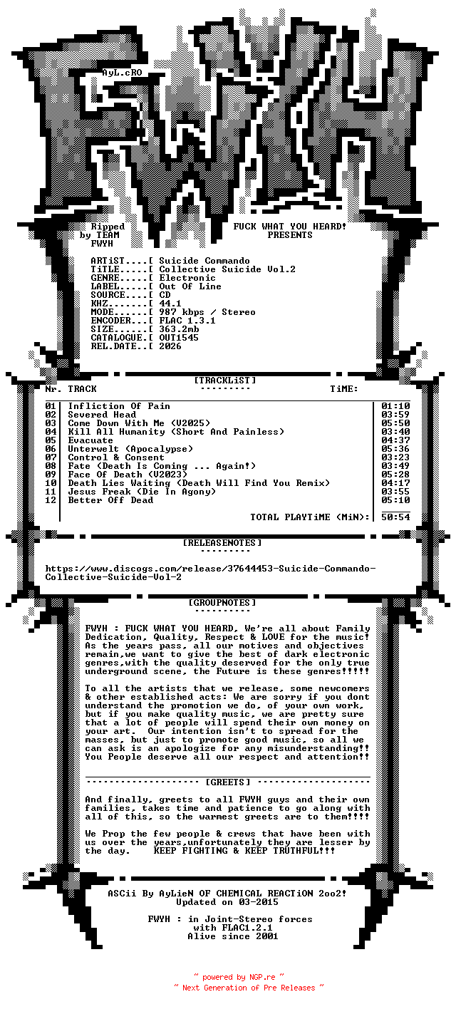 NFO for the release Suicide_Commando-Collective_Suicide_Vol.2-CD-FLAC-2026-FWYH by FWYH