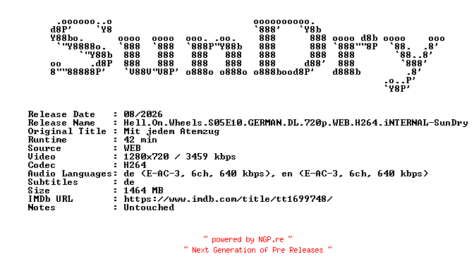 NFO for the release Hell.On.Wheels.S05E10.GERMAN.DL.720p.WEB.H264.iNTERNAL-SunDry by SunDry
