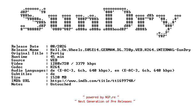 NFO for the release Hell.On.Wheels.S05E14.GERMAN.DL.720p.WEB.H264.iNTERNAL-SunDry by SunDry