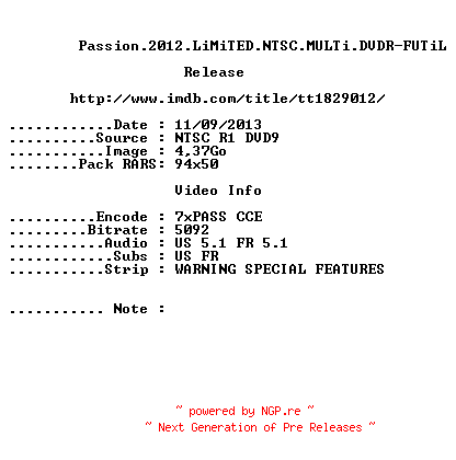 NFO for the release Passion.2012.LiMiTED.NTSC.MULTi.DVDR-FUTiL by FUTiL