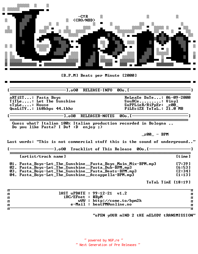 NFO for the release Pasta_Boys-Let_The_Sunshine-Vinyl-2000-BPM by BPM