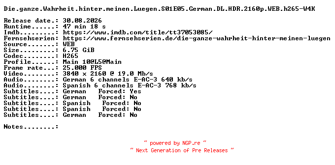 NFO for the release Die.ganze.Wahrheit.hinter.meinen.Luegen.S01E05.German.DL.HDR.2160p.WEB.h265-W4K by W4K