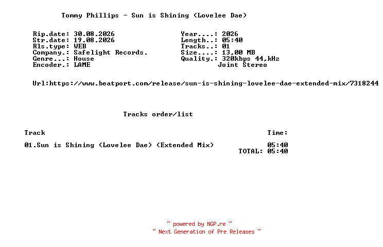 NFO for the release Tommy_Phillips_-_Sun_is_Shining_(Lovelee_Dae)-SINGLE-WEB-2026-FMC by FMC