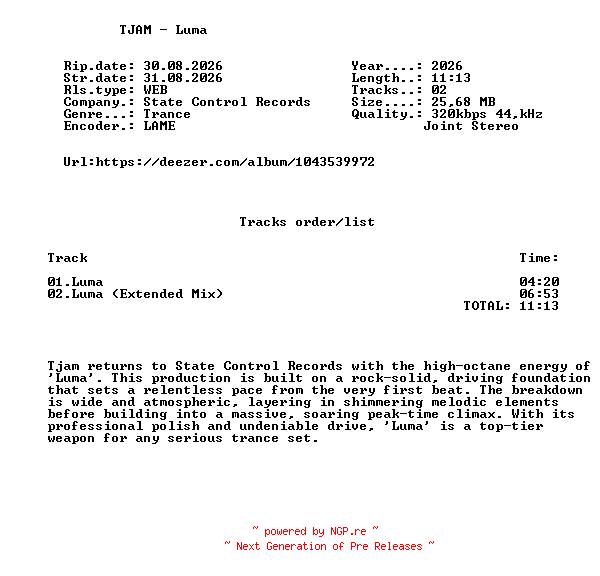 NFO for the release TJAM_-_Luma-(SCR764)-WEB-2026-FMC by FMC