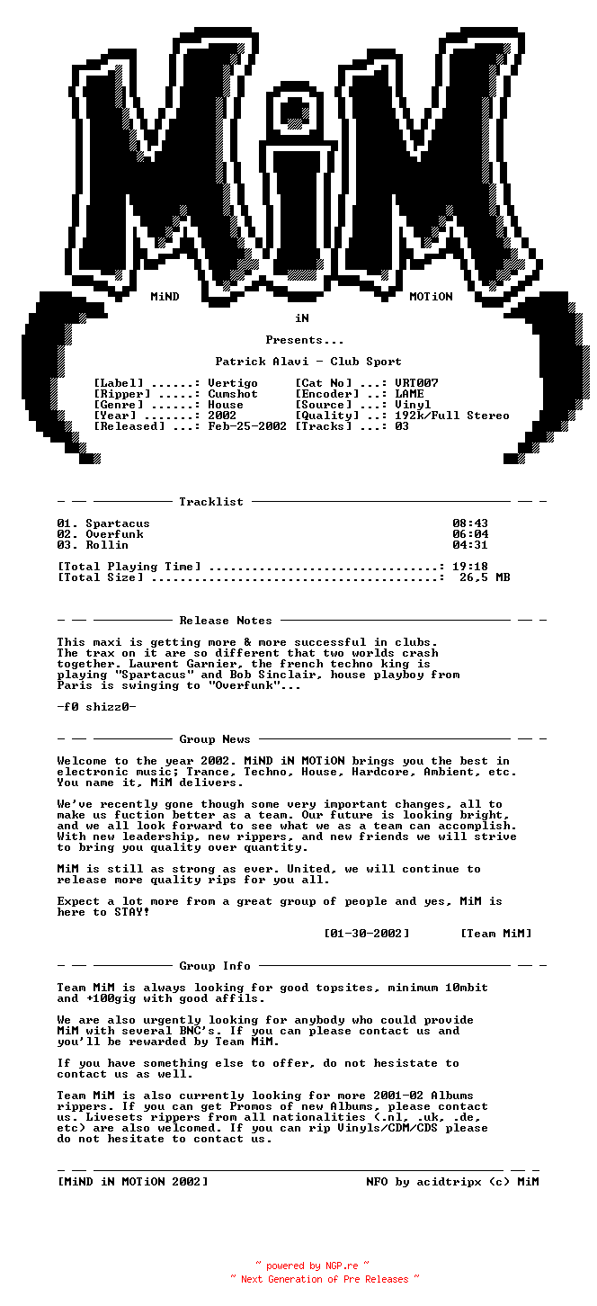 NFO for the release Patrick_Alavi_-_Club_Sport-Vinyl-2002-MiM by MiM