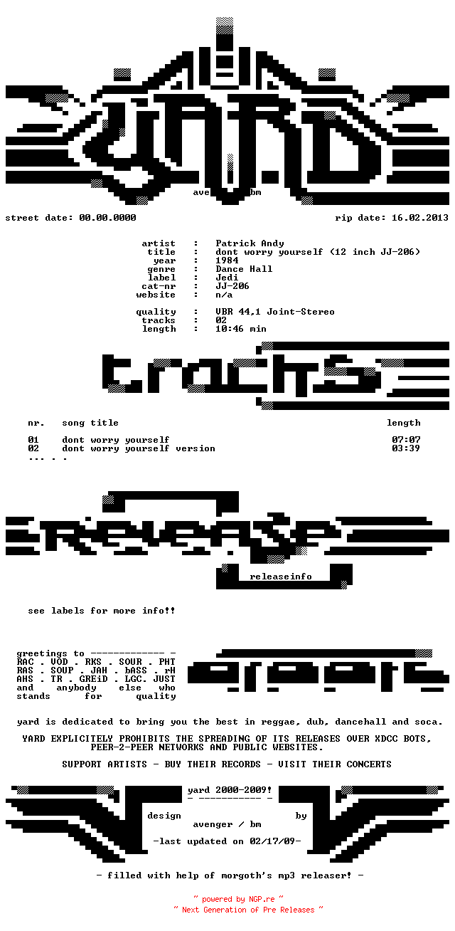 NFO for the release patrick_andy-dont_worry_yourself_(12_inch_jj-206)-vls-1984-yard by yard
