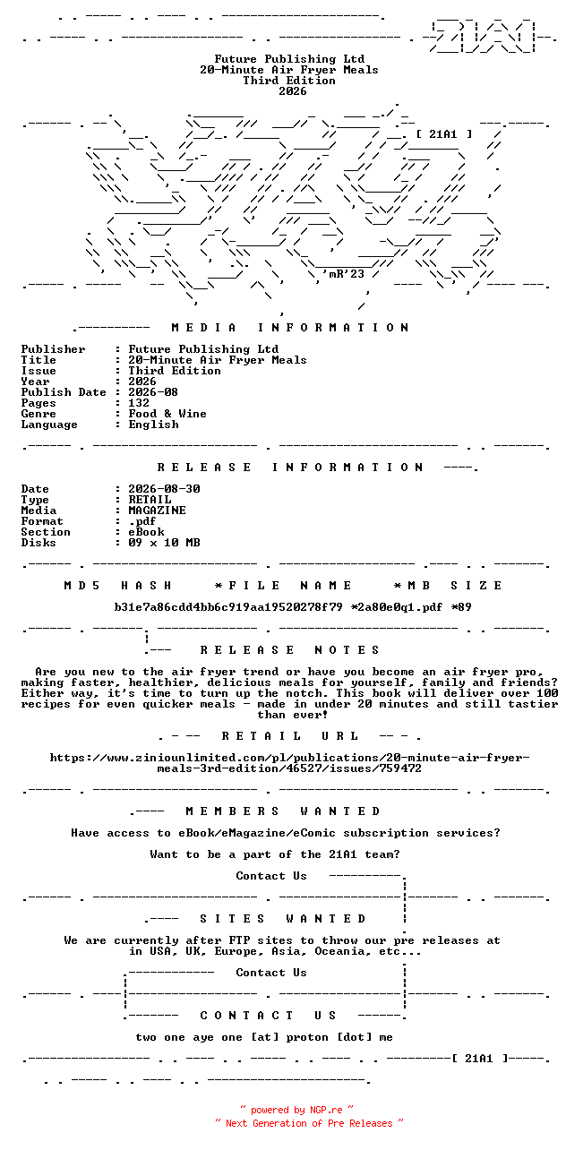 NFO for the release 20-Minute.Air.Fryer.Meals.Third.Edition.2026.RETAIL.MAGAZINE.eBook-21A1 by 21A1