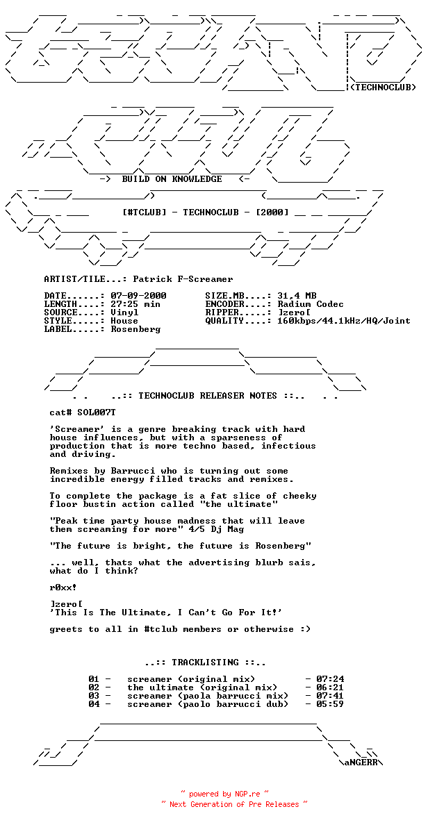 NFO for the release Patrick_f-screamer-vinyl-2000-tclub by tclub