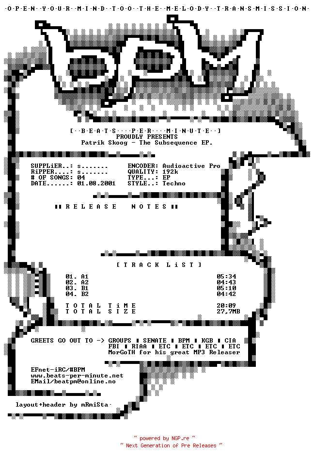 NFO for the release Patrik_Skoog_-_The_Subsequence_EP.-Vinyl-2000-BPM by BPM