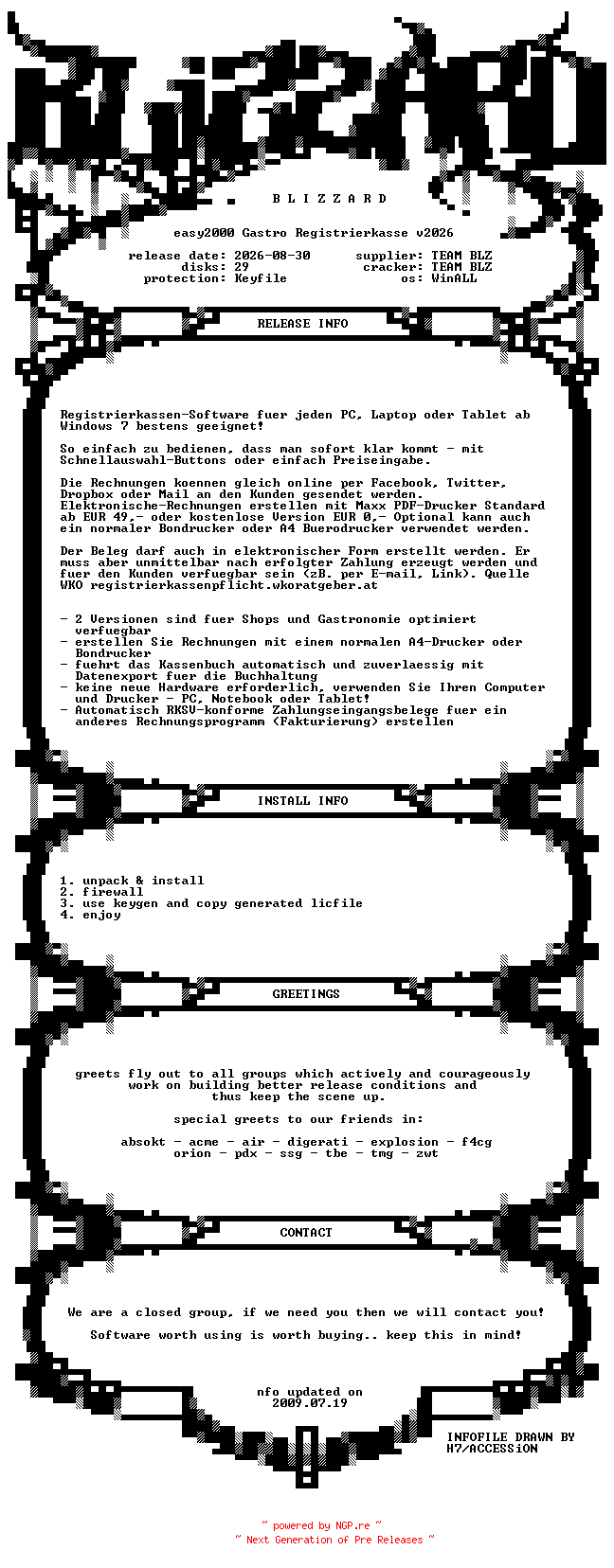 NFO for the release Easy2000.Gastro.Registrierkasse.v2026.GERMAN.WinALL.Incl.Keygen-BLiZZARD by BLiZZARD