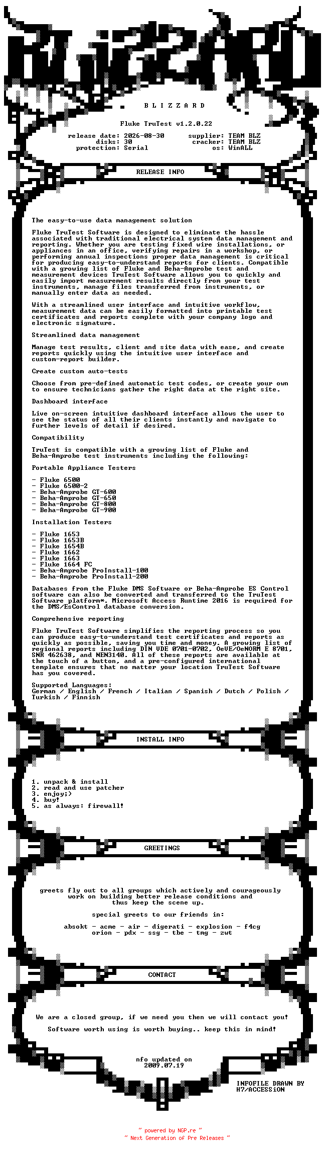 NFO for the release Fluke.TruTest.v1.2.0.22.MultiLanguage.WinALL.Cracked-BLiZZARD by BLiZZARD