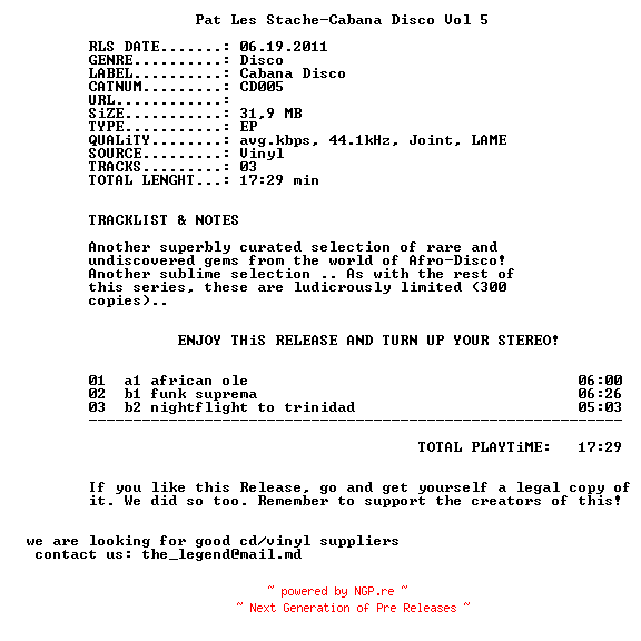 NFO for the release pat_les_stache-cabana_disco_vol_5-(cd005)-vinyl-2011 by 2011