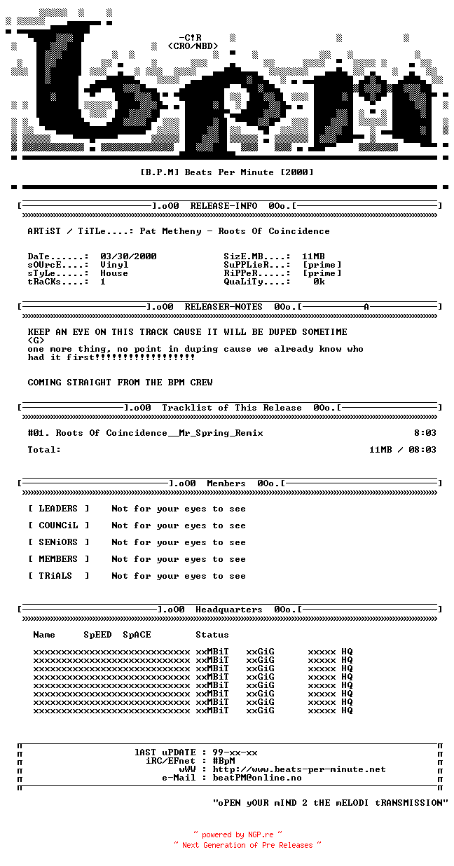 NFO for the release Pat_Metheny-Roots_Of_Coincidence-vinyl-prime-2000-BPM by BPM