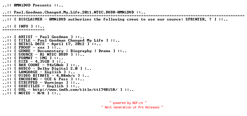 NFO for the release Paul.Goodman.Changed.My.Life.2011.NTSC.DVDR-0MNiDVD by 0MNiDVD