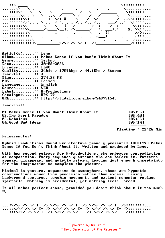 NFO for the release Lego-Makes_Sense_If_You_Dont_Think_About_It-HPX179-24BIT-WEB-FLAC-2026-WAVED by WAVED