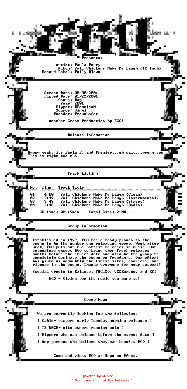 NFO for the release Paula_Perry-Yall_Chickens_Make_Me_Laugh_(12_Inch)-2001-EGO by EGO
