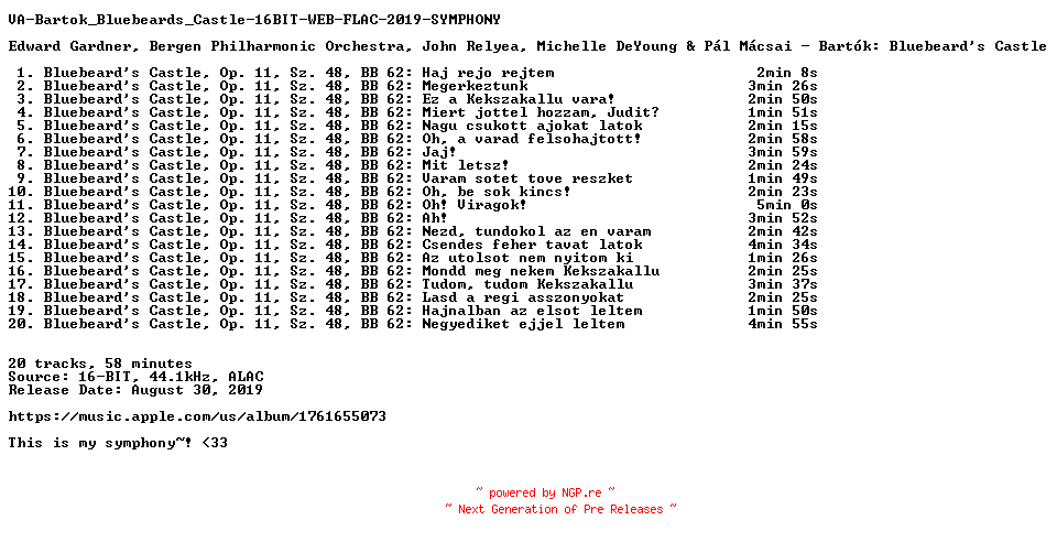 NFO for the release VA-Bartok_Bluebeards_Castle-16BIT-WEB-FLAC-2019-SYMPHONY by SYMPHONY