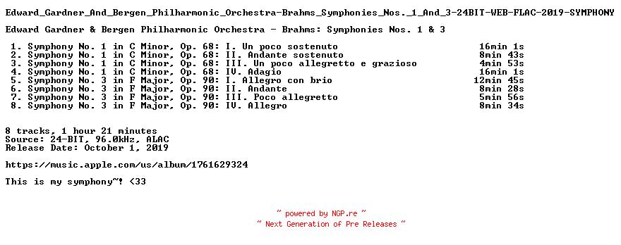 NFO for the release Edward_Gardner_And_Bergen_Philharmonic_Orchestra-Brahms_Symphonies_Nos._1_And_3-24BIT-WEB-FLAC-2019-SYMPHONY by SYMPHONY