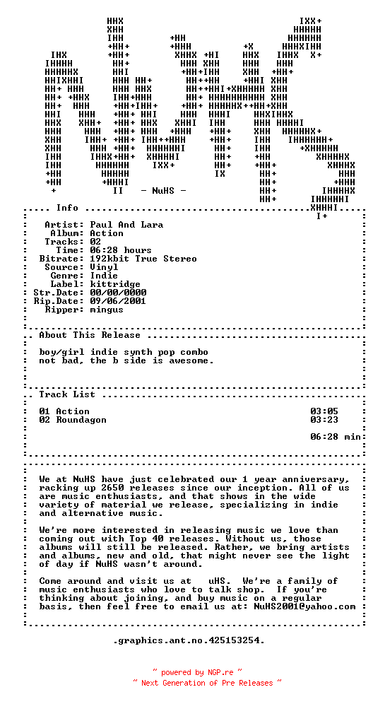 NFO for the release Paul_And_Lara-Action-Vinyl-2000-NuHS by NuHS