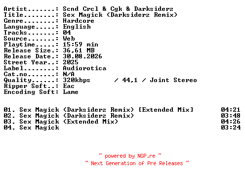 NFO for the release SCND_CRCL_and_CGK_and_Darksiderz-Sex_Magick_(Darksiderz_Remix)-WEB-2025-XTC_iNT by XTC_iNT