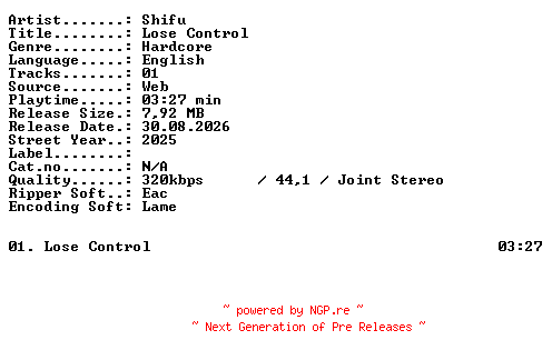 NFO for the release Shifu-Lose_Control-SINGLE-WEB-2025-XTC_iNT by XTC_iNT