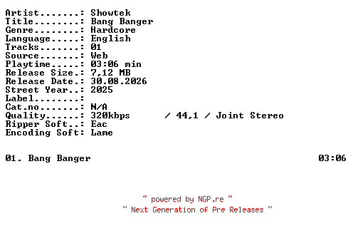 NFO for the release Showtek-Bang_Banger-SINGLE-WEB-2025-XTC_iNT by XTC_iNT