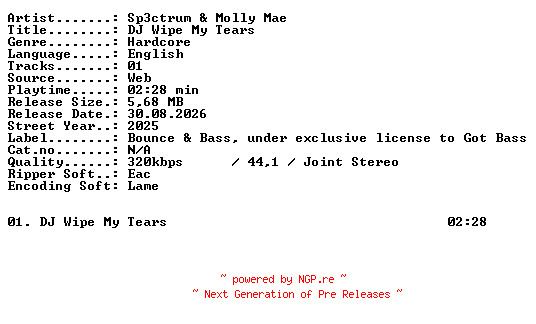 NFO for the release Sp3ctrum_and_Molly_Mae-DJ_Wipe_My_Tears-SINGLE-WEB-2025-XTC_iNT by XTC_iNT