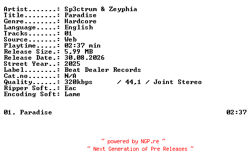NFO for the release Sp3ctrum_and_Zeyphia-Paradise-SINGLE-WEB-2025-XTC_iNT by XTC_iNT