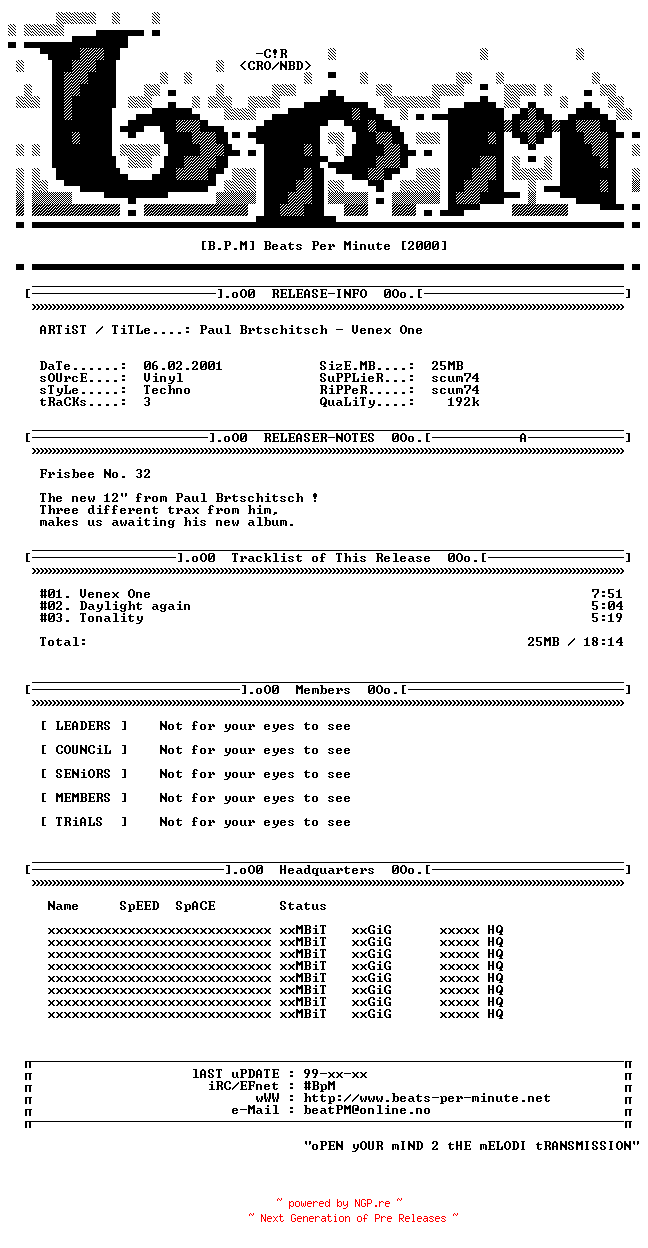 NFO for the release Paul_Brtschitsch-Venex_One-Vinyl-2001-BPM by BPM
