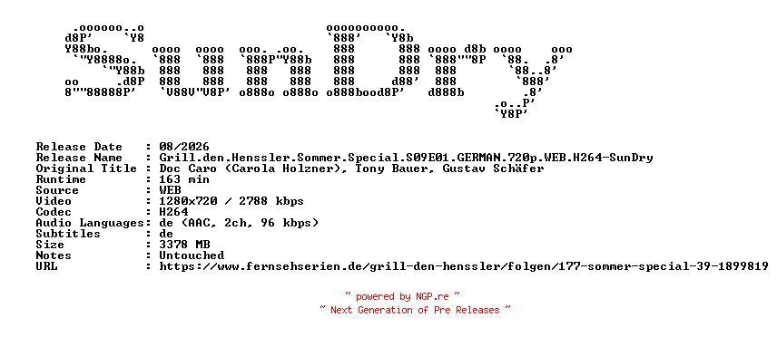 NFO for the release Grill.den.Henssler.Sommer.Special.S09E01.GERMAN.720p.WEB.H264-SunDry by SunDry