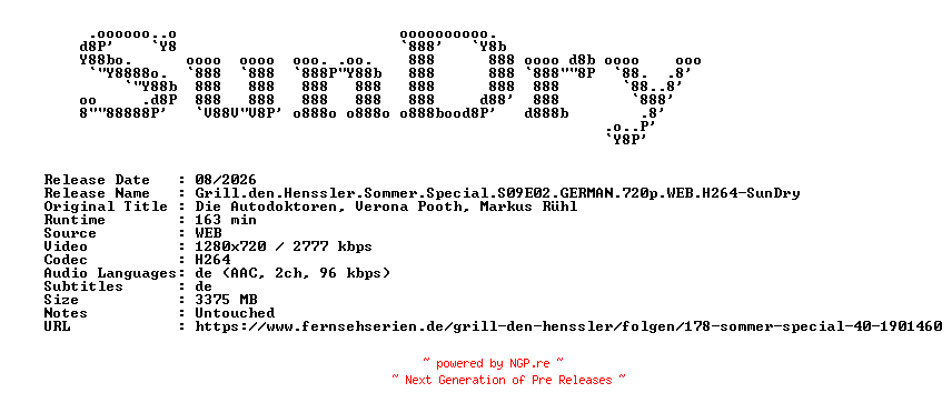 NFO for the release Grill.den.Henssler.Sommer.Special.S09E02.GERMAN.720p.WEB.H264-SunDry by SunDry