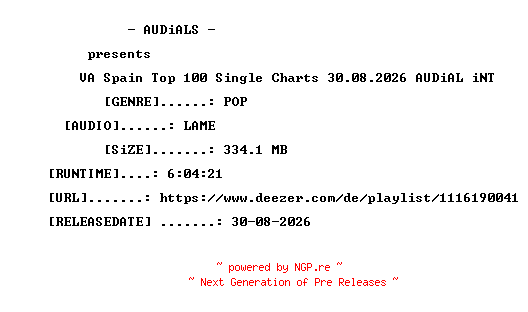 NFO for the release VA-Spain_Top_100_Single_Charts_30.08.2026-AUDiAL_iNT by AUDiAL_iNT