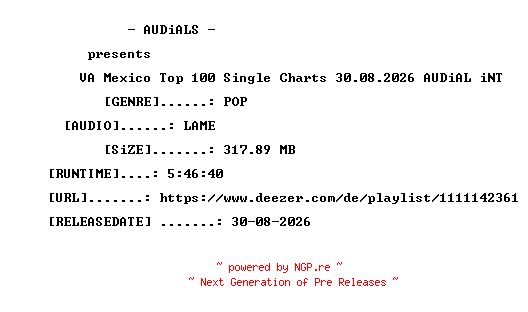 NFO for the release VA-Mexico_Top_100_Single_Charts_30.08.2026-AUDiAL_iNT by AUDiAL_iNT