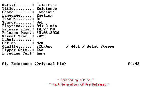 NFO for the release Velectrox-Existence-SINGLE-WEB-2025-XTC_iNT by XTC_iNT