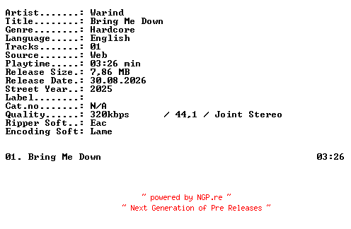 NFO for the release Warind-Bring_Me_Down-SINGLE-WEB-2025-XTC_iNT by XTC_iNT