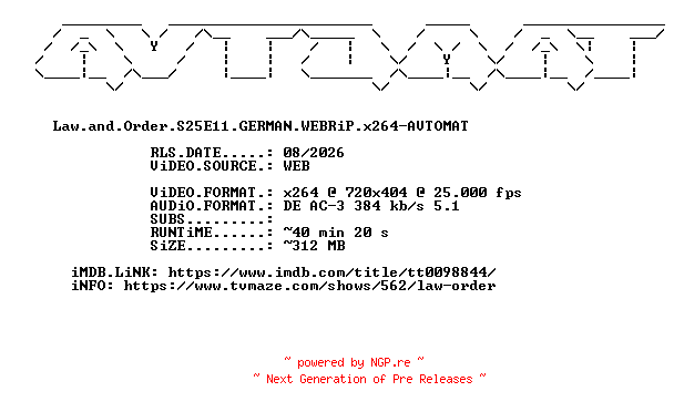 NFO for the release Law.and.Order.S25E11.GERMAN.WEBRiP.x264-AVTOMAT by AVTOMAT