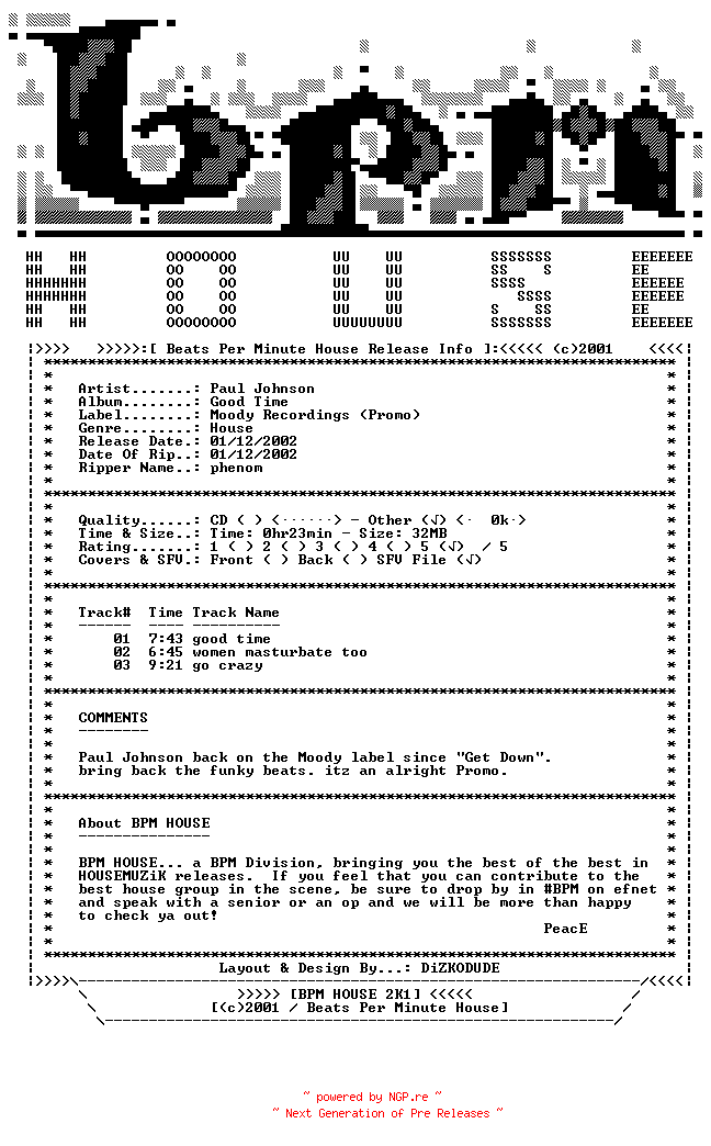 NFO for the release Paul_Johnson-Good_Time-Promo-Vinyl-2002-BPM_HOUSE by BPM_HOUSE