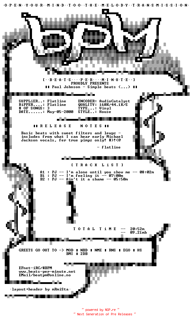 NFO for the release Paul_Johnson-Simple_Beats_With_Sweet_Samples-Vinyl-2000-BPM by BPM