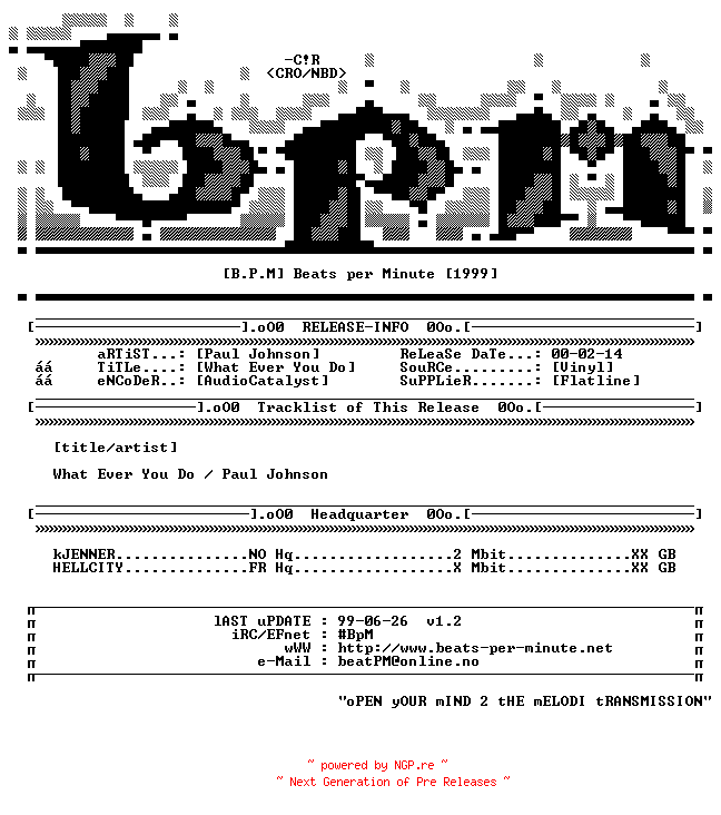 NFO for the release Paul_Johnson-What_Ever_You_Do-Vinyl-2000-Flatline-BPM by BPM
