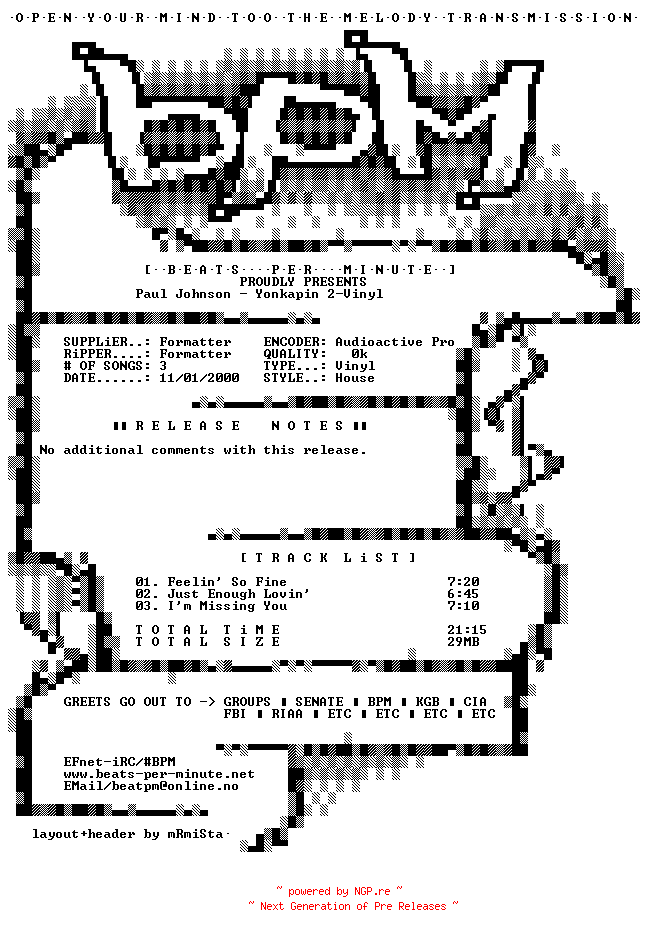 NFO for the release Paul_Johnson-Yonkapin_2-Vinyl-2000-BPM by BPM