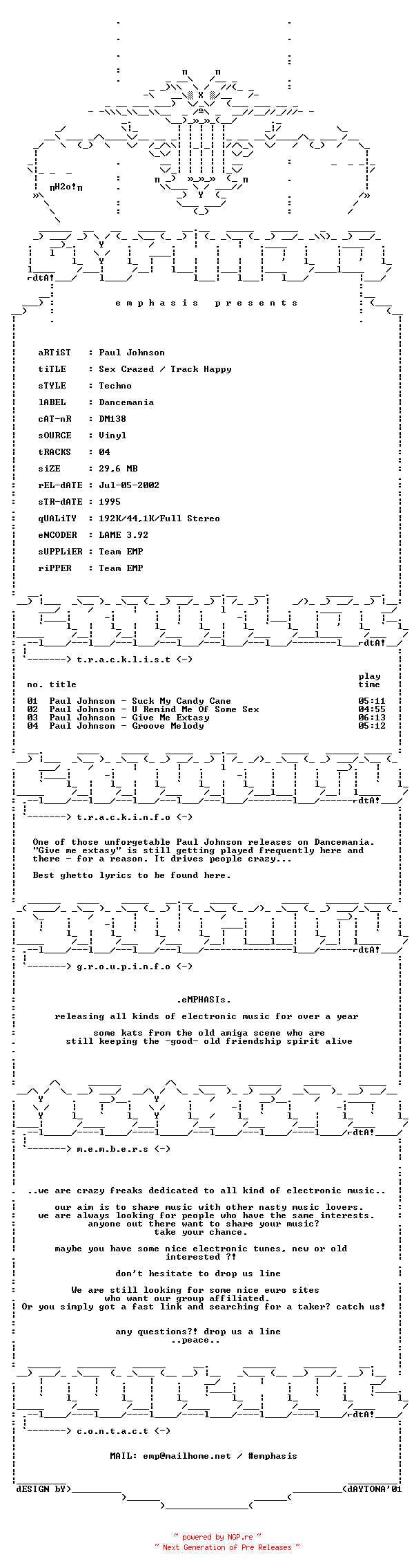 NFO for the release Paul_Johnson_-_Sex_Crazed_-_Track_Happy-(DM138)-Vinyl-1995-EMP by EMP