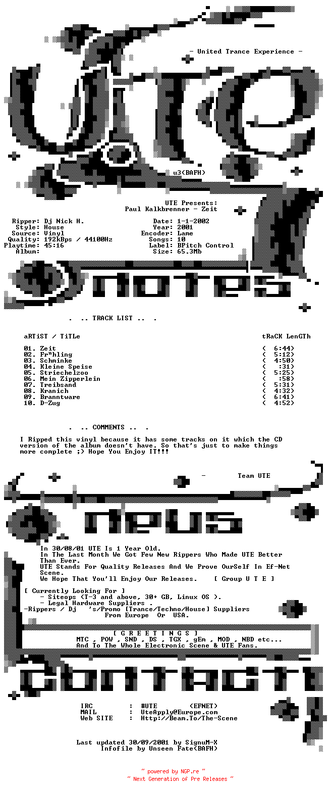 NFO for the release Paul_Kalkbrenner-Zeit-Vinyl-2001-UTE by UTE
