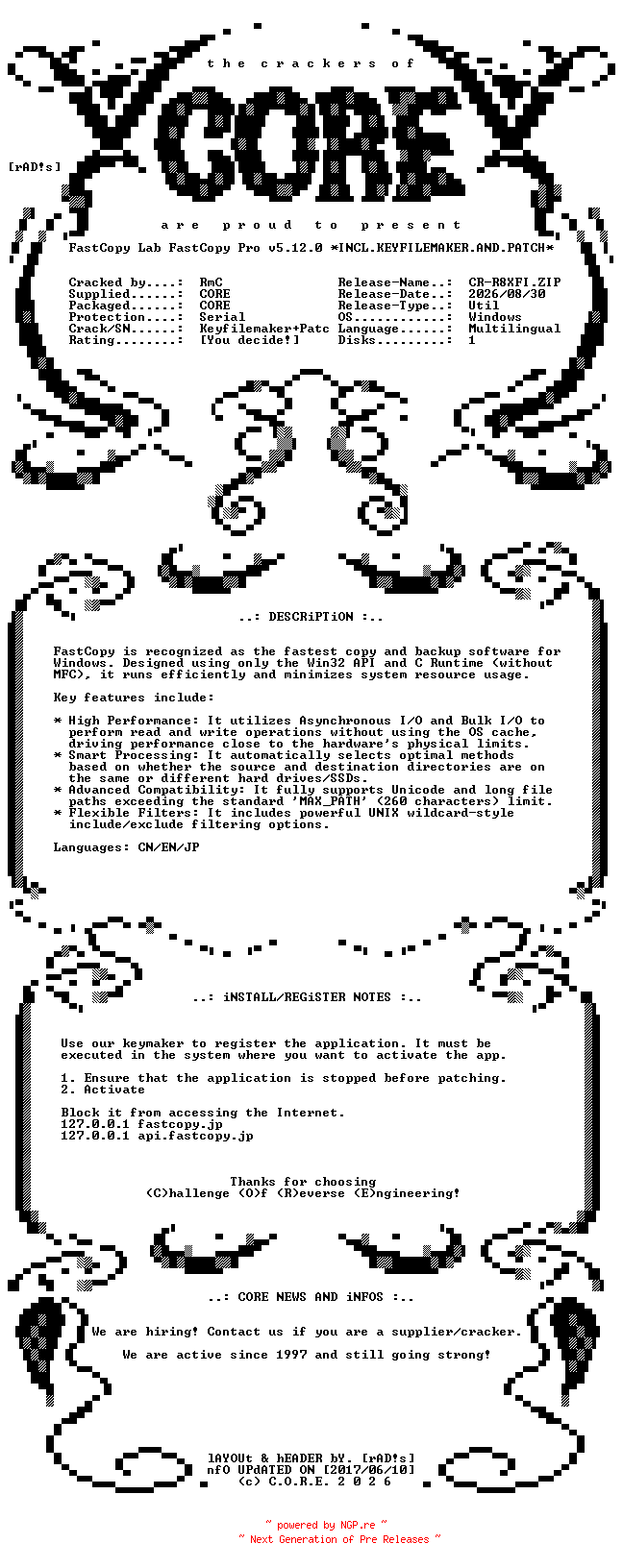 NFO for the release FastCopy.Lab.FastCopy.Pro.v5.12.0.x64.Multilingual.Incl.Keyfilemaker.and.Patch-CORE by CORE