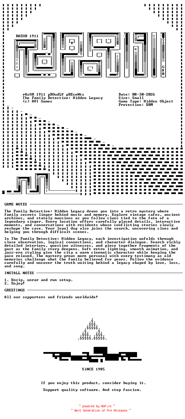 NFO for the release The_Family_Detective_Hidden_Legacy-RAZOR by RAZOR