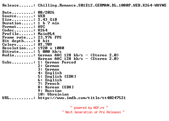 NFO for the release Chilling.Romance.S01E12.GERMAN.DL.1080P.WEB.X264-WAYNE by WAYNE