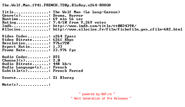 NFO for the release The.Wolf.Man.1941.FRENCH.720p.BluRay.x264-ROUGH by ROUGH